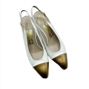 Salvatore Ferragamo White & Gold SlingBack Heels